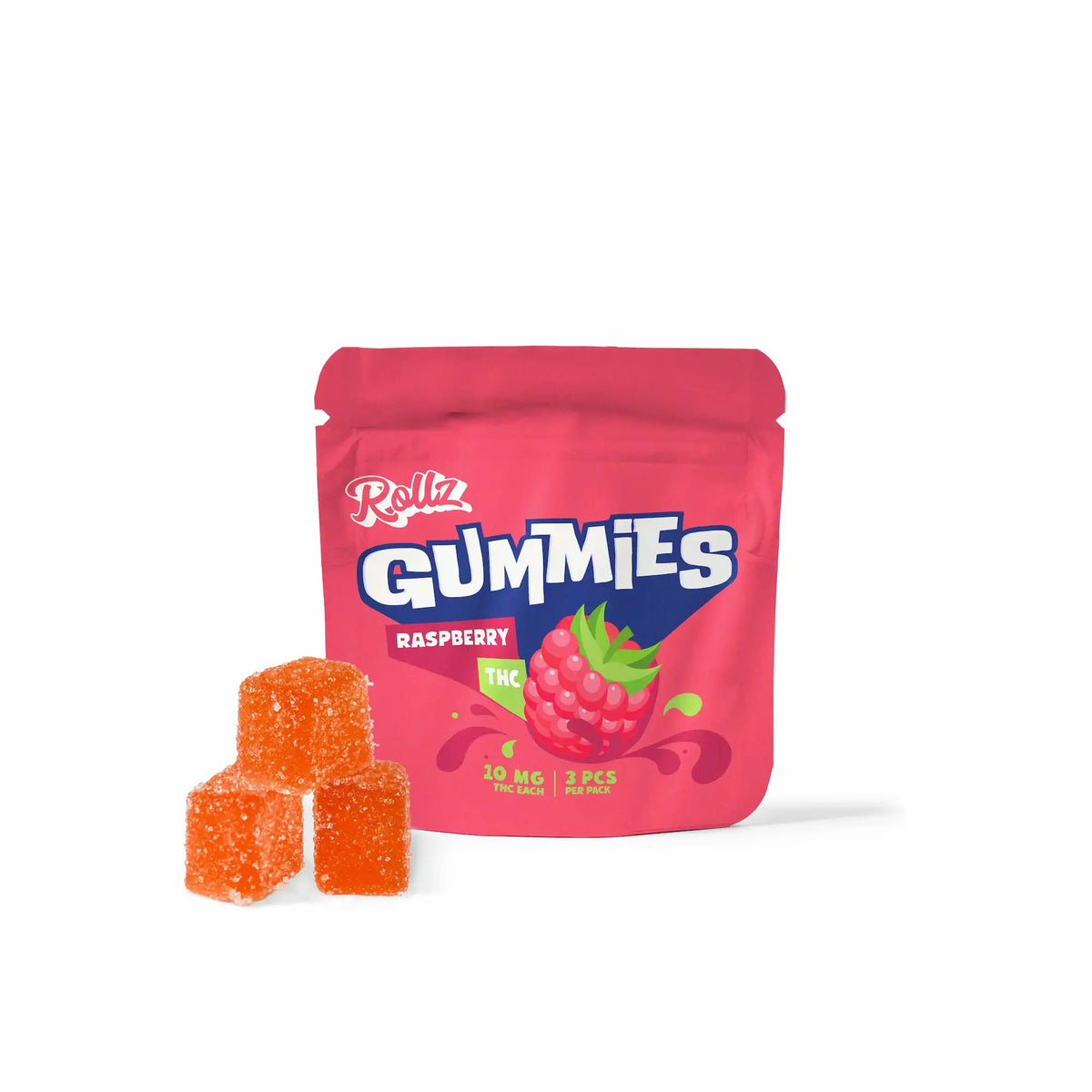 Pink package of Rollz Gummy Bears Raspberry with three orange gummies on a white background