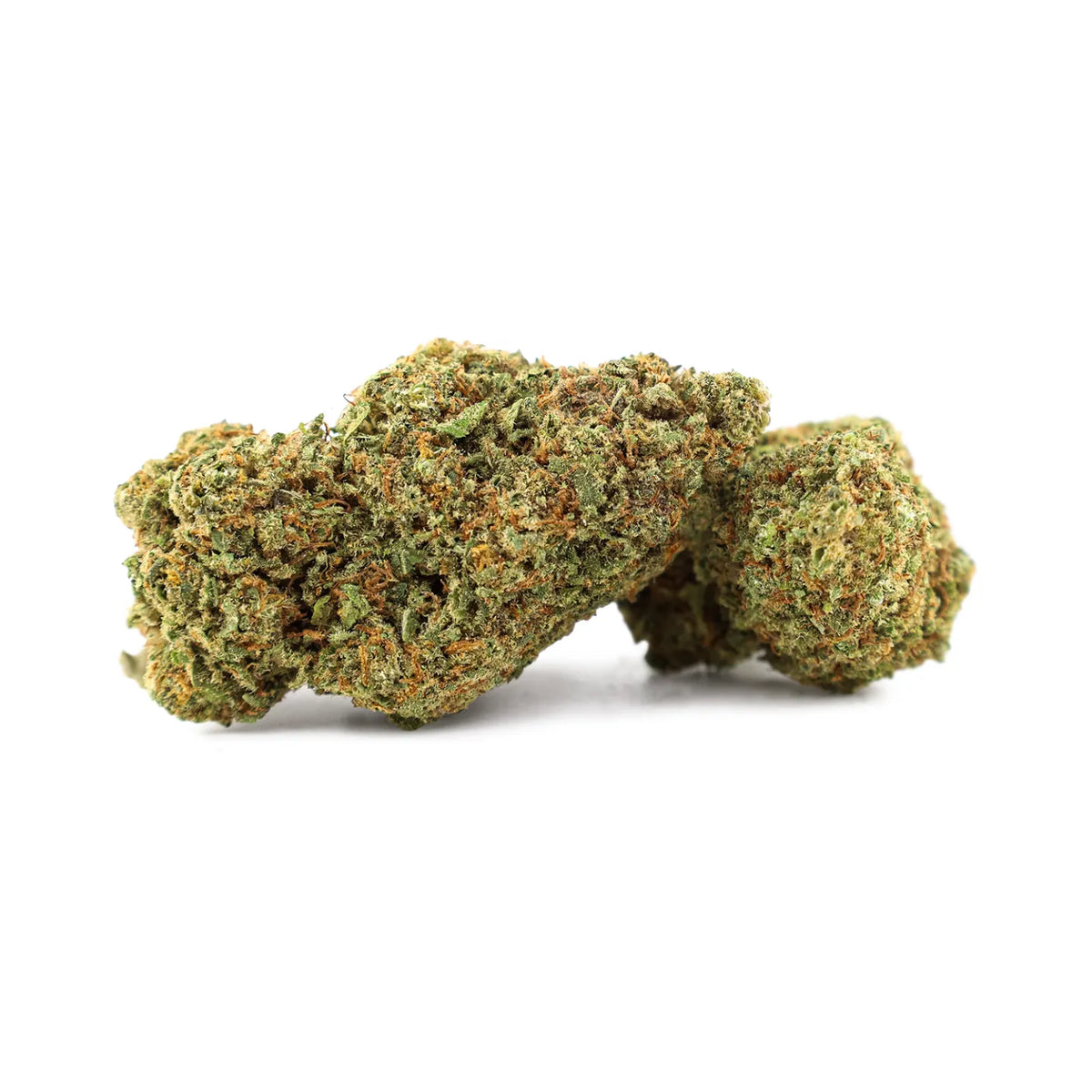 Close-up of Rollz KUSH-N-SODA indoor THCA dried cannabis flower buds on a white background